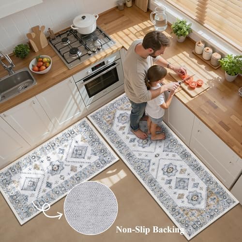 HEBE Boho Kitchen Rugs Set of 3, Non Slip Washable Kitchen Mats for Floor