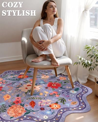 Macgace Floral Round Rug for Girls Bedroom, Washable 4ft Purple Area Rugs