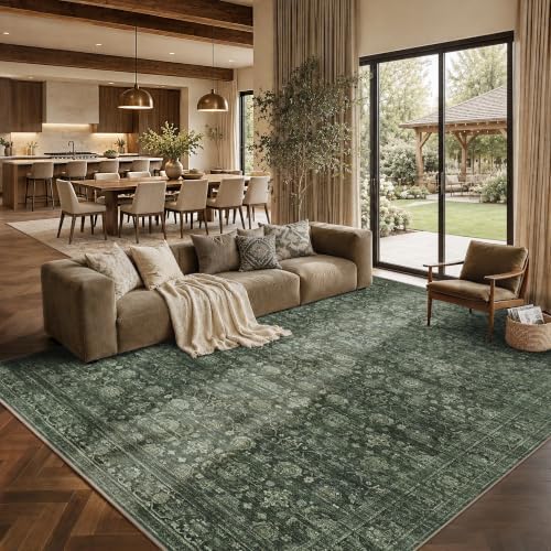 JOOJA 8x10 Dark Green Vintage Soft Low Pile Non Slip Boho Washable Area Rug