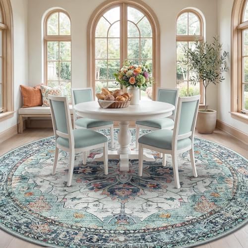 RELEANY Washable Area Rug, Round 8ft, Teal Green/White/Navy