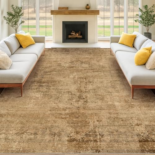 Vintage 8x12 Rugs for Living Room - Brown and Gold Soft Dining Room Area Rugs, Machine Washable Ultra Thin Bedroom Carpet, Stain Resistance, Modern Abstract Nature Earthy Decor, Distressed Design
