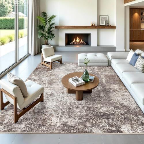 10x10 Square Living Room Area Rug – Washable Non-Slip Modern Large Rug for Bedroom, Dining Room, Playroom –Abstract Low-Pile Thin Indoor Floor Carpet (Brown Beige,10x10)
