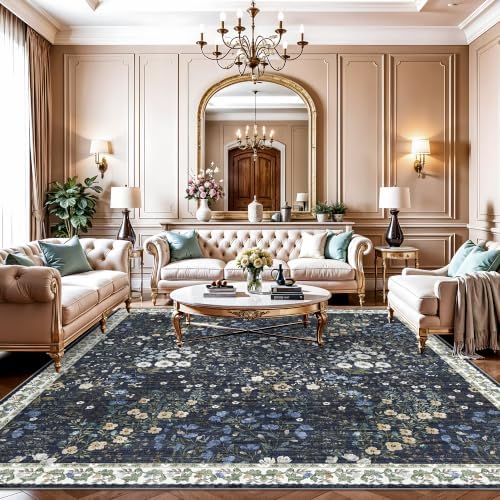 10x10 Square Area Rug Living Room: Boho Floral Washable Mat for Dining Room Bedroom Office High Traffic Area Soft Non Slip Low Pile Indoor Carpet for Vintage Farmhouse Home Decor (10ft Square, Blue)