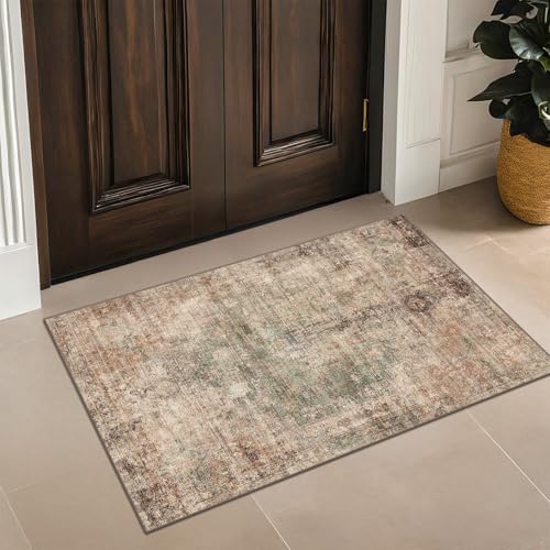 Green Brown 2x3 Washable Small Throw Rug for Entryway, Kitchen, Bathroom, Non Slip with Rubber Backing, Soft Stain Resistant Carpet, Farmhouse Medallion Abstract Indoor Décor, Distressed Design