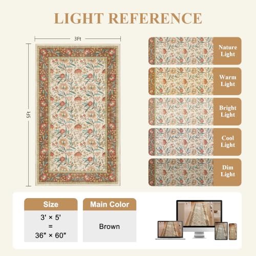 DUKINO 3x5 Rug, Washable Vintage Floral Bedroom Area Rug Non Slip, Brown