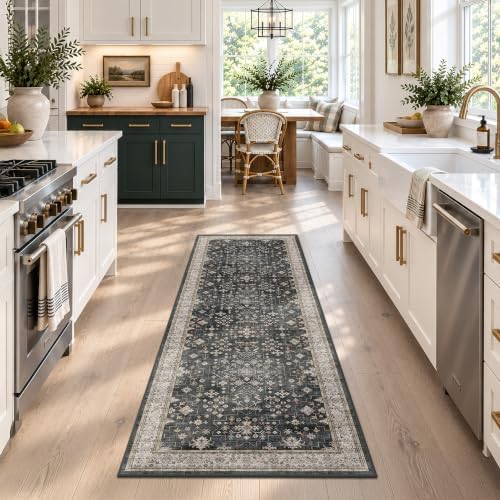 Black Boho Washable 2x6 Runner Rugs for Hallway Kitchen Bedroom Beside Laundry Room Bathroom Rug, Pet & Kids Friendly, Non Slip Low Pile Stain Resistant Soft Foldable Long 24 x 72 Floor Carpet