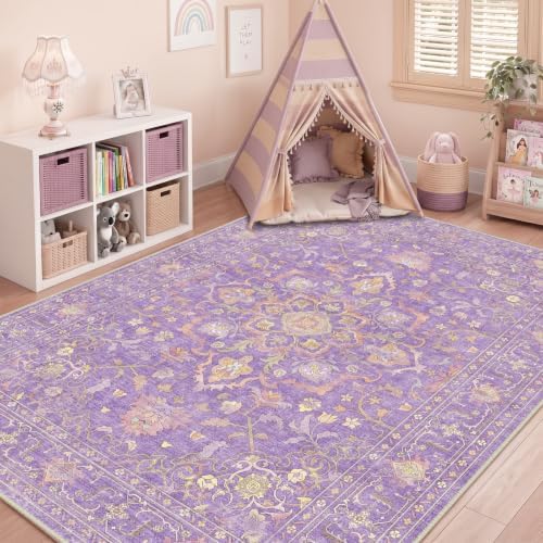 CAPALOCA 4x6 Washable Nursery Girls Low Pile Area Rug Purple