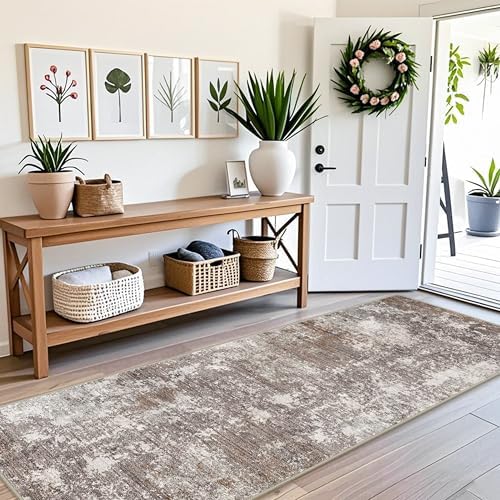 4x8 Area Rug for Indoor Entrance– Non-Slip Washable Door Mat for Entryway Kitchen Hallway Bedroom – Modern Abstract Low-Pile Thin Wide Rubber Backed Floor Mats (Brown Beige, 4x8)