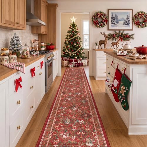 2x10 Christmas Runner Rug for Hallway,Washable Kitchen Rugs,Red