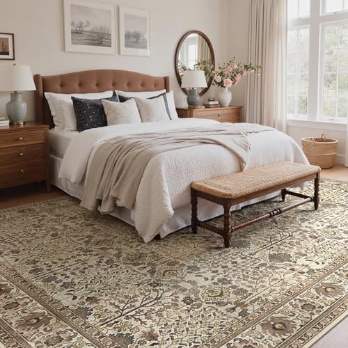 Bavni 9x12 Washable Area Rug for Living Room, Cream Brown