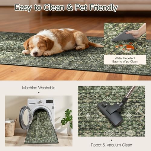 3' X 10' Area Rugs for Hallways, Green Washable Non-Slip Kitchen Runner Rug