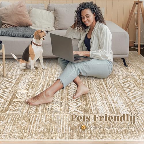 6x9 Area Rugs for Living Room: Washable Moroccan Geometric Boho Rug Farmhouse Non Slip Stain Resistant Large Rug Low Pile Soft Carpet for Bedroom Dining Room Home Office Kids Room (Light Brown,6'x9')