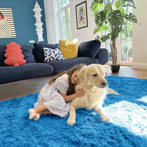 OLANLY 2x6 Machine Washable Runner Rugs for Hallway, Soft Fluffy Shaggy Bedside Rugs for Bedroom, Living Room, Indoor Floor Carpet for Kids Girls and Boys, Home Decor Aesthetic, Bright Blue