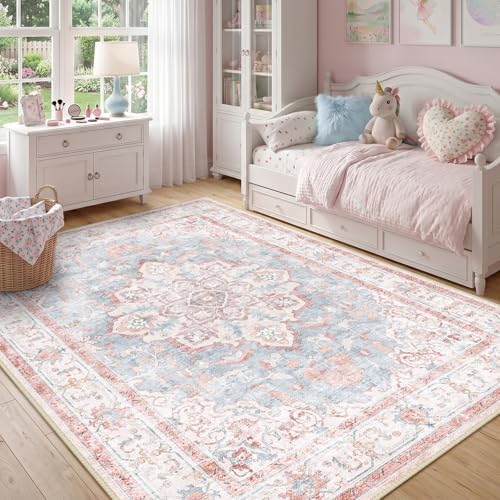 CAPALOCA 5x7 Washable Nursery Girls Low Pile Area Rug Pink Blue