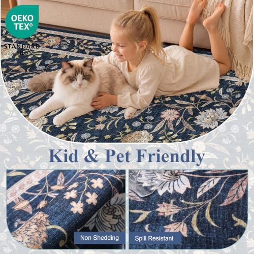 DUKINO 3x5 Rug, Washable Vintage Floral Bedroom Area Rug Non Slip Navy Blue