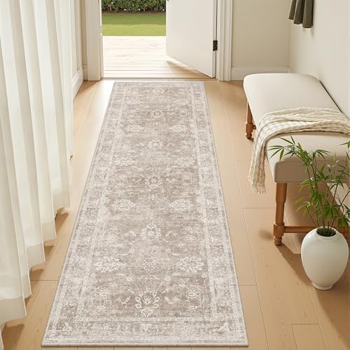 Madane Washable Runner Rug 2x5, Vintage Kitchen Hallway Rug Brown/Sand