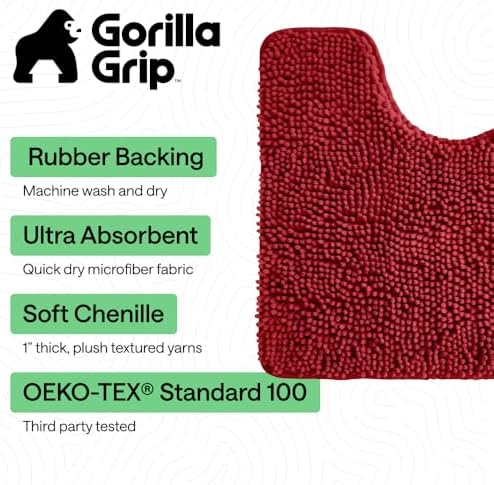 GORILLA GRIP Chenille Bath Rug Mat for Oval Toilet Base, 24x19 Red
