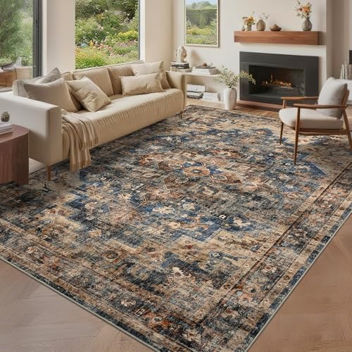 GarveeHome 10x13 Washable Vintage Living Room Blue&Brown Area Rug