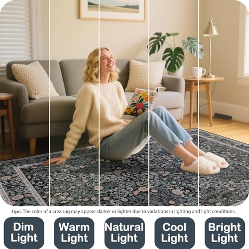 6x9 Washable Area Rugs for Living Room Soft Carpet (Black Flora)