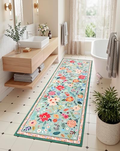 Macgace Floral Area Rug for Kitchen, Washable 2x6 Light Green Runner Rugs