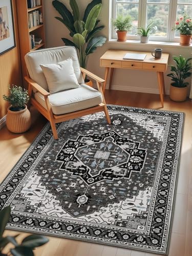 Macgace Washable Vintage Small Area Rug for Bedroom, 3x5 Rugs Black Grey
