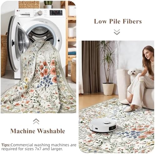 10x10 Square Area Rug Living Room: Boho Floral Washable Mat for Dining Room Bedroom Office High Traffic Area Soft Non Slip Low Pile Indoor Carpet for Vintage Farmhouse Home Decor (10ft Square, Beige)