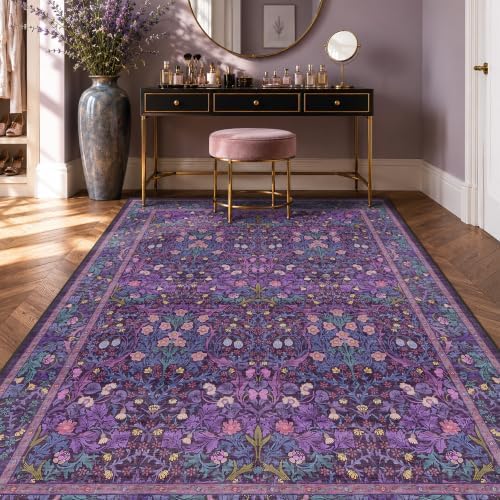 Washable Violet 5x7 Area Rug for Living Room, Vintage Dark Purple Dining Room Rugs for Under Table, Boho Foldable Low Pile Soft Carpet, Stain Resistant & Traditional Plum Floral Design