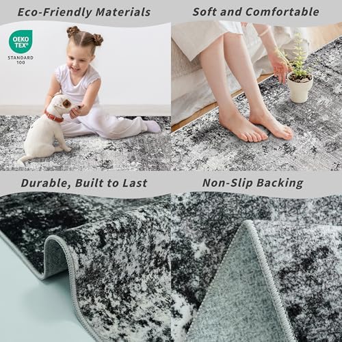 8x8 Square Living Room Area Rug – Washable Modern Neutral Abstract Indoor Rug for Bedroom, Dining Room, Kitchen – Non-Slip Soft Low-Pile Floor Carpet (Black Grey,8x8)