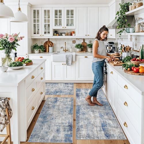 Kitchen Mats for Floor 3 Piece Set, Washable Non-Slip Farmhouse Kitchen Rugs for Hardwood Floor, Rustic Floral Boho Runner Rug for Sink,Entryway & Hallway & Bathroom (Blue/Grey/Ivory,2x3+2x4+2x5)