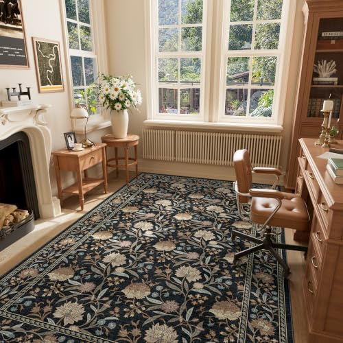 DUKINO 5x8 Area Rug, Vintage Floral Washable Rugs for Living Room, Black