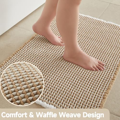 TYUU Waffle Bath Mat, Small Boho Bathroom Rugs Non Slip 24x16 Khaki & White