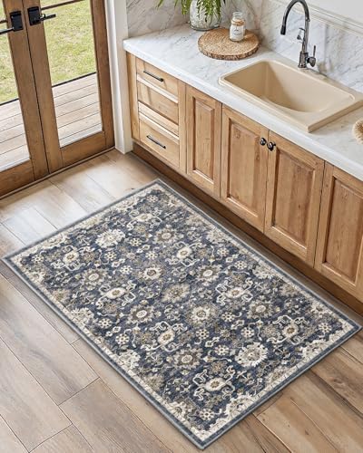 Amada Small 2x4 Washable Area Rug for Entryway, Blue/Brown, Vintage Pattern