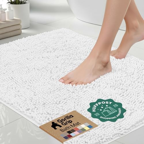 GORILLA GRIP Bath Rug Mat for Bathroom, Absorbent Chenille, 42x24 White