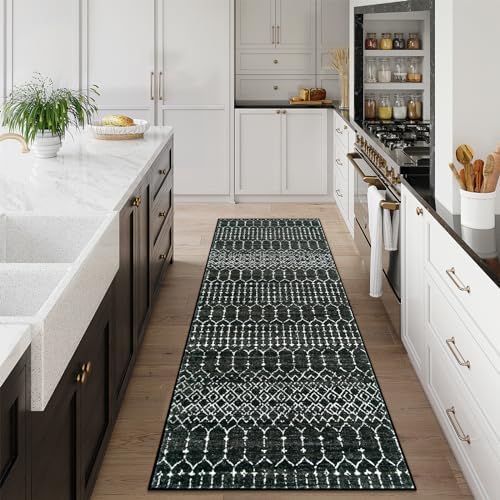 Lahome Moroccan Runner Rugs for Hallway 2x10, Long Kitchen Rugs Runner Washable Ultra-Thin Non Slip Carpet, Soft Modern Geometric Print Carpet for Entryway Stair (Black, 2'x10') Hana