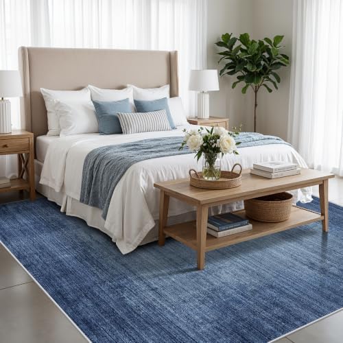 8x8 ft Square Living Room Rug - Washable Modern Neutral Abstract Area Rug for Bedroom, Dining Room, Kitchen Non-Slip Soft Low-Pile Indoor Floor Carpet (Navy Blue, 8x8)