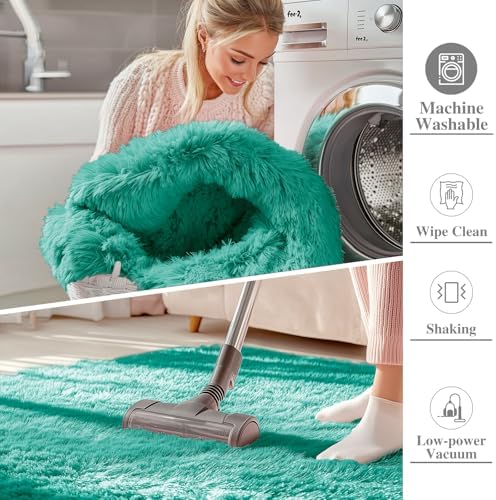 OLANLY 3x5 Machine Washable Small Bedside Rug, Soft Fluffy Shaggy Rugs for Living Room, Bedroom, Indoor Floor Carpet for Kids Girls and Boys, Preppy Dorms, Nursery, Home Decor Aesthetic, Teal Green