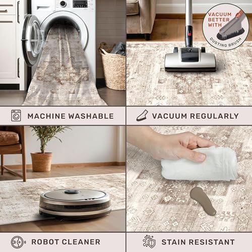 Washable Farmhouse Living Room Rug, 10x14 Area Rugs for Bedroom, Dining Room Under Table Carpet, Kids Room, Extra Large Boho Vintage Non-Slip Rugs Low Pile Stain Resistant (10x14 Beige/Latte)