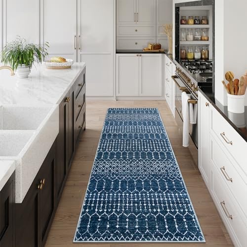 Lahome Moroccan Blue Runner Rug 2x6 Rug Non-Slip Stain Resistant Kitchen Rug Runner Low-Profile Washable Hallway Runners, Geometric Print Distressed Carpet for Entryway Laundry Room Hana