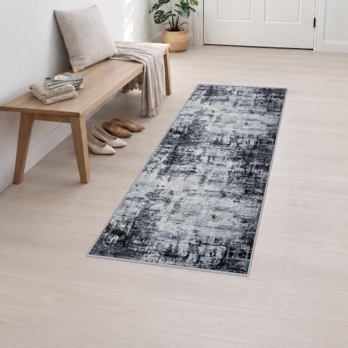 2x6 Washable Runner Rug：Modern Abstract Soft Carpet Dark Black