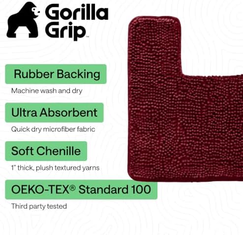 GORILLA GRIP Chenille Bath Rug Mat for Square Toilet Base, 24x19 Burgundy