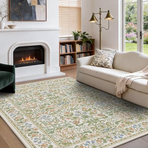 Amada Floral Washable Area Rug,5'x7',Light Beige