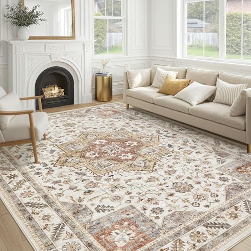cotiled 9x12 Area Rug for Living Room, Washable, Traditional, Golden Taupe