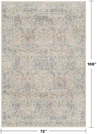 Washable Dining Room Rugs, 6x9 Area Rug for Living Room, Bedroom, Kids Playroom, Baby Nursery - Low Pile Non-Slip Lightweight - Oriental Vintage Design & Stain Resistance (6x9 Light Beige Blue)