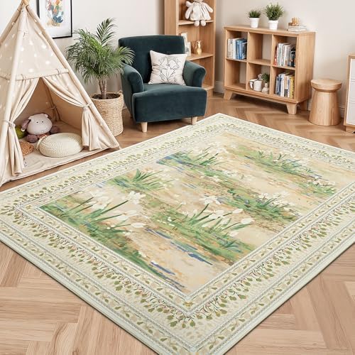 Lessymo 5 x 7 Washable Area Rugs for Living Room,Soft Non Slip Beige Sage