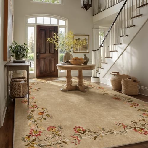 9x12 Area Rugs for Living Room: Washable Bedroom Rug Non Slip Floral Carpet