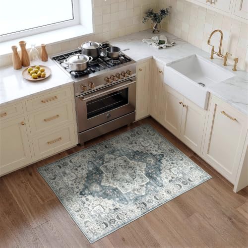 Lessymo Small Washable 2 x 3 Runner Rugs,Soft for Entryway Blue Grey/Beige