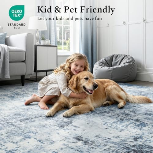 Rugflix 10x14 Area Rug for Living Room, Washable Large Rug Ocean Light Blue