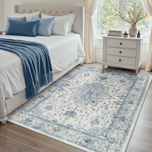RELEANY Washable Area Rug, 4'x5', Blue/White/Gray