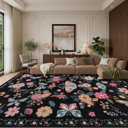 10x14 Area Rug Living Room: Soft Floral Washable Carpet Black