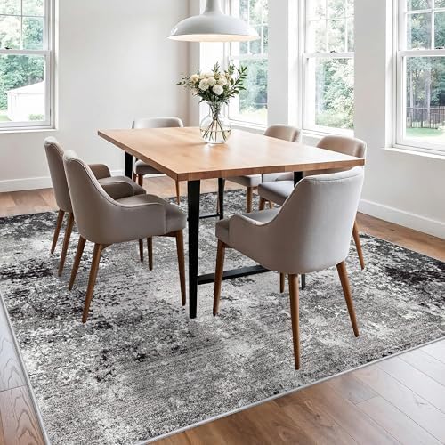 8x8 Square Living Room Area Rug – Washable Modern Neutral Abstract Indoor Rug for Bedroom, Dining Room, Kitchen – Non-Slip Soft Low-Pile Floor Carpet (Black Grey,8x8)